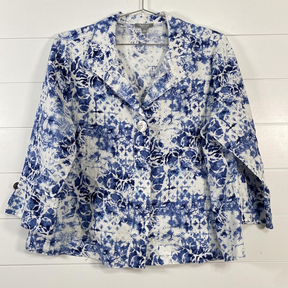 Habitat‎ Jacket Womens Large Blue White Linen Tie Dye Button Front Lightweight